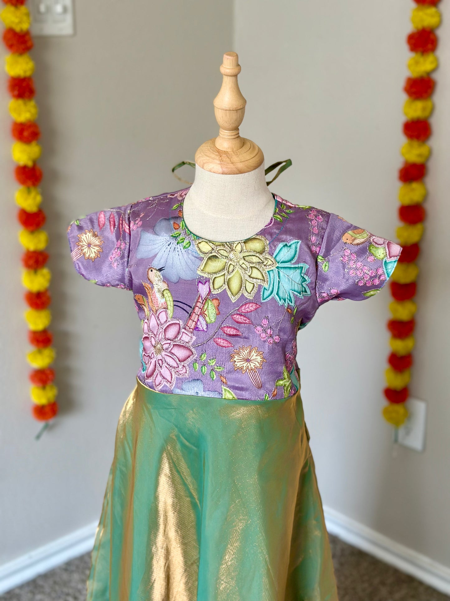 Green embroidered Kids party wear maxi