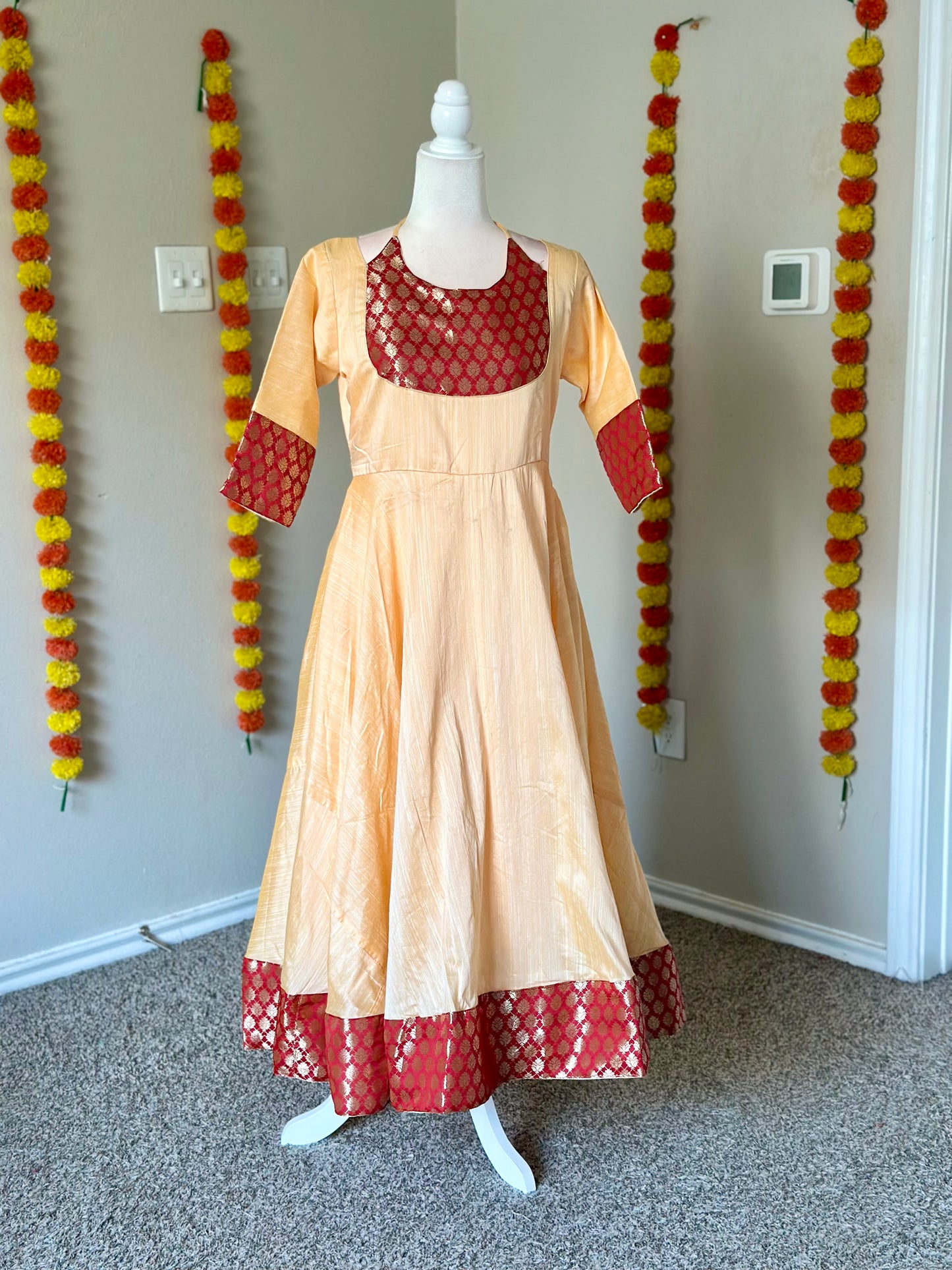 Beige and red three piece Festive Anarkali set