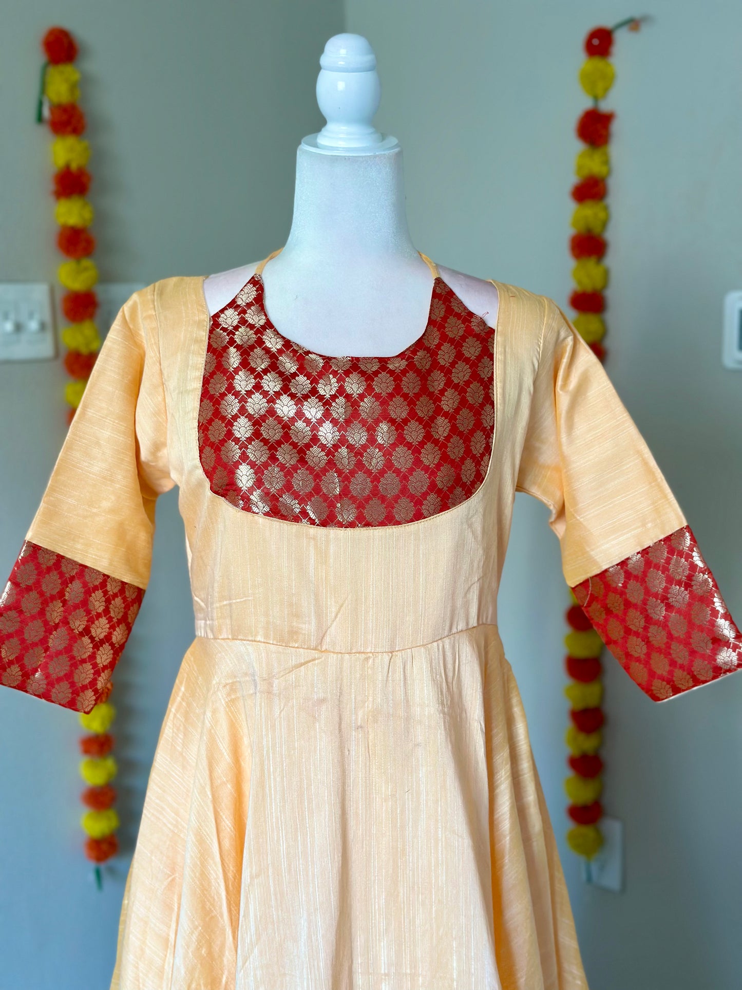 Beige and red three piece Festive Anarkali set