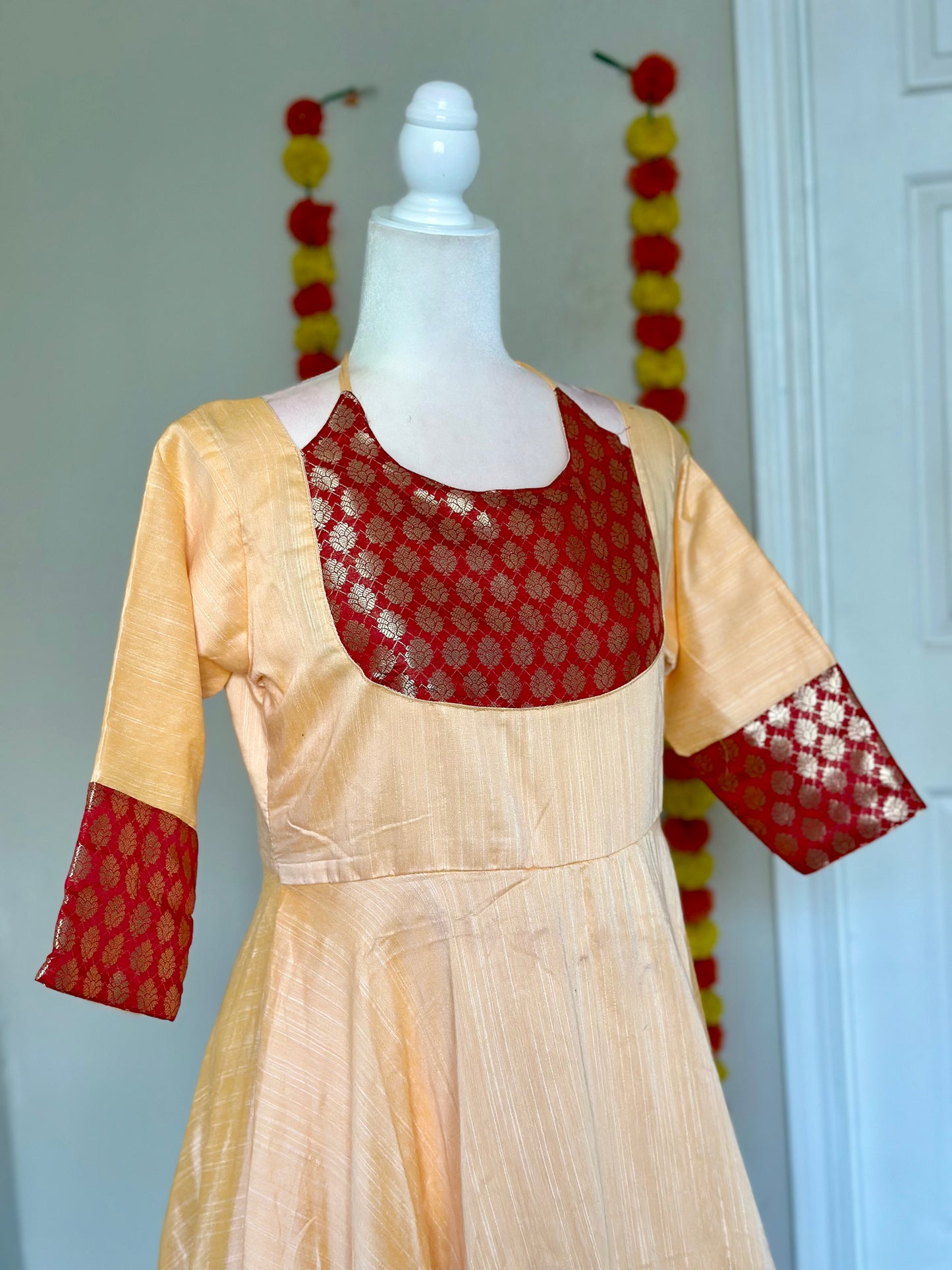 Beige and red three piece Festive Anarkali set