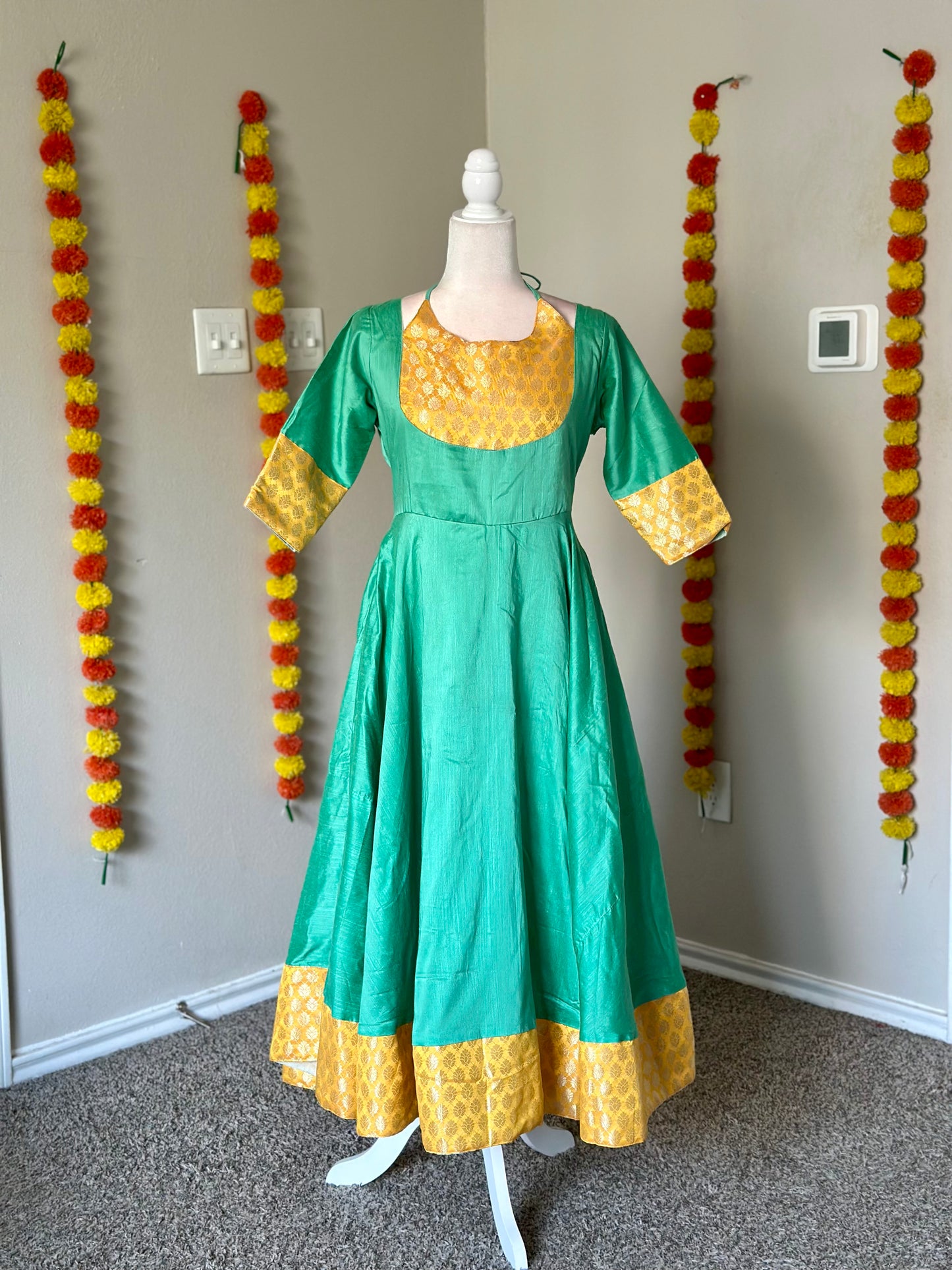 Turquoise and yellow three piece Festive Anarkali set