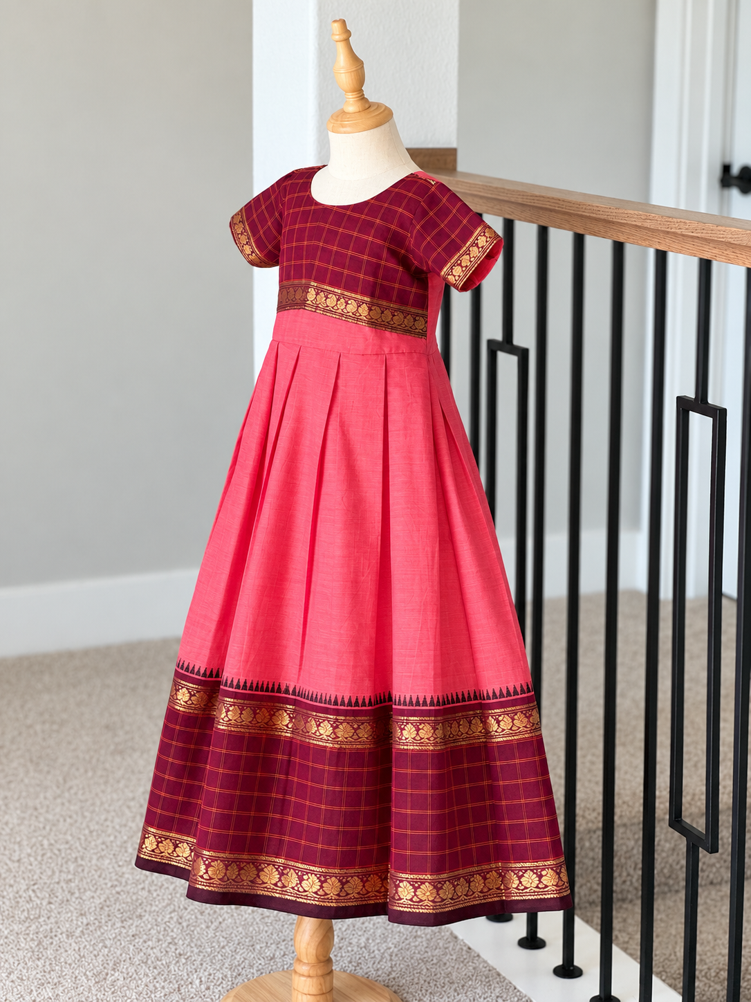Peach and maroon Kanchi cotton frock
