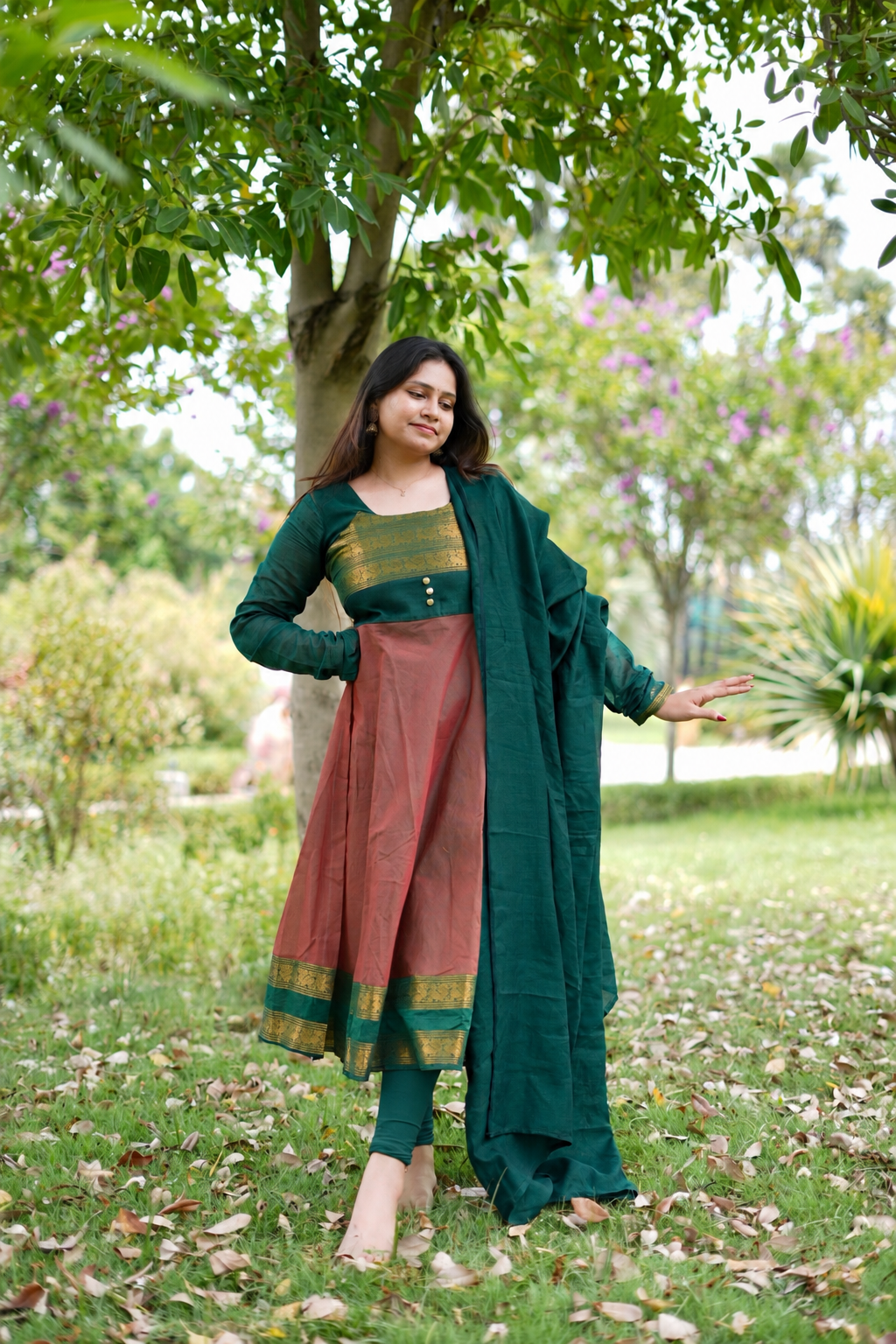 Dual tone brown and green kanchi cotton anarakali