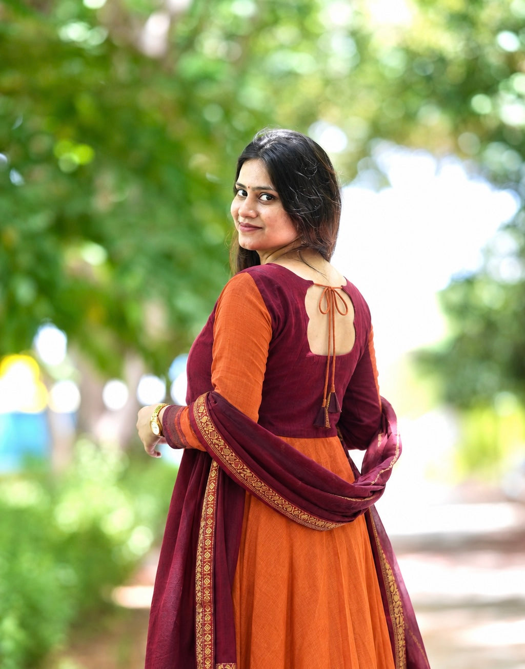 Orange and maroon chettinad cotton anarakali