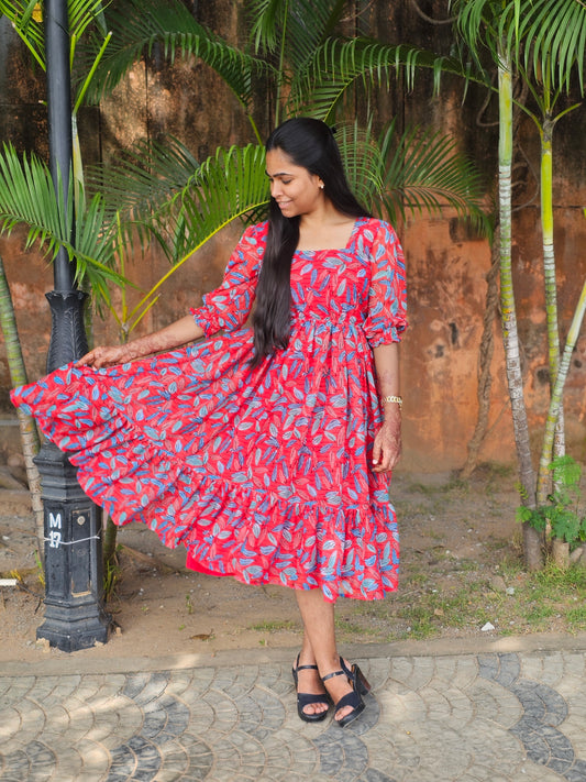 Red Floral Chiffon Dress