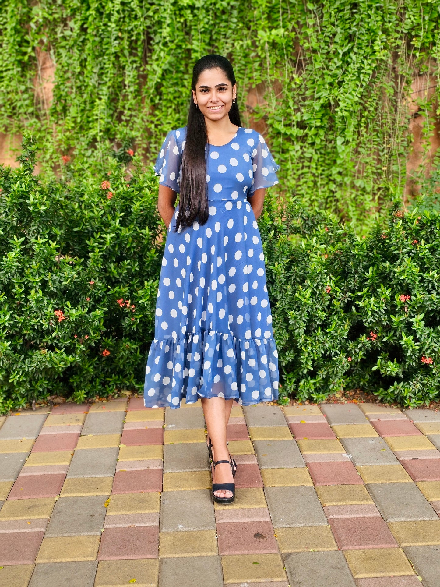 Blue polka dots chiffon dress