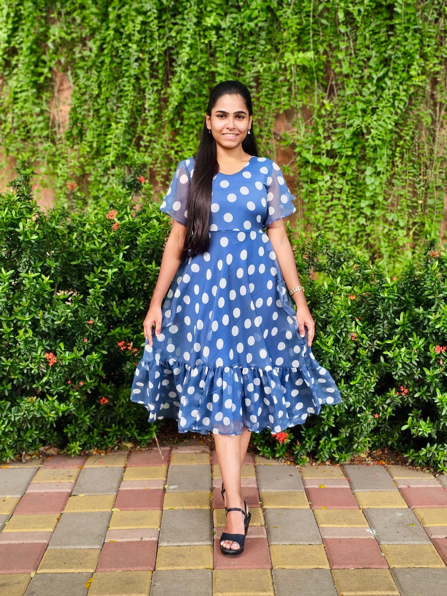 Blue polka dots chiffon dress