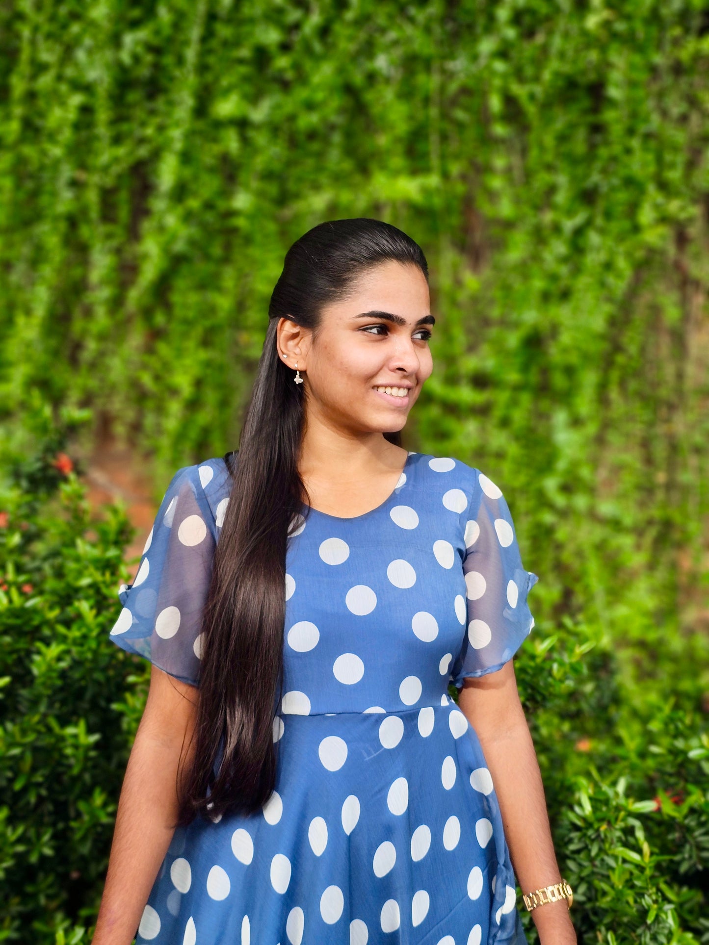 Blue polka dots chiffon dress