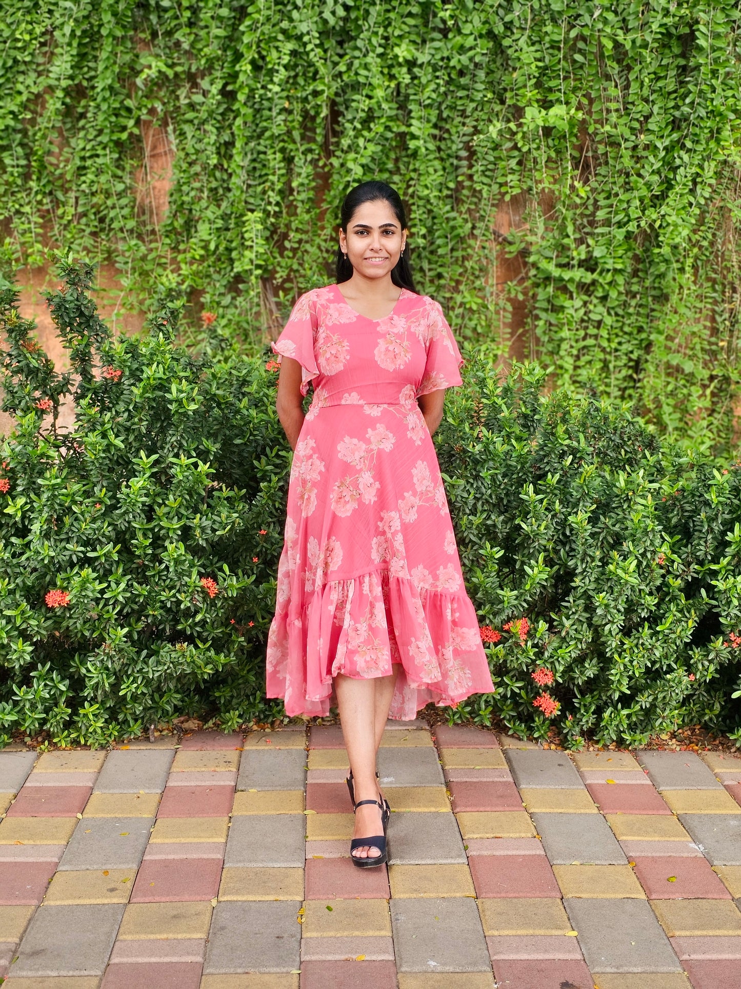 Pink floral chiffon dress