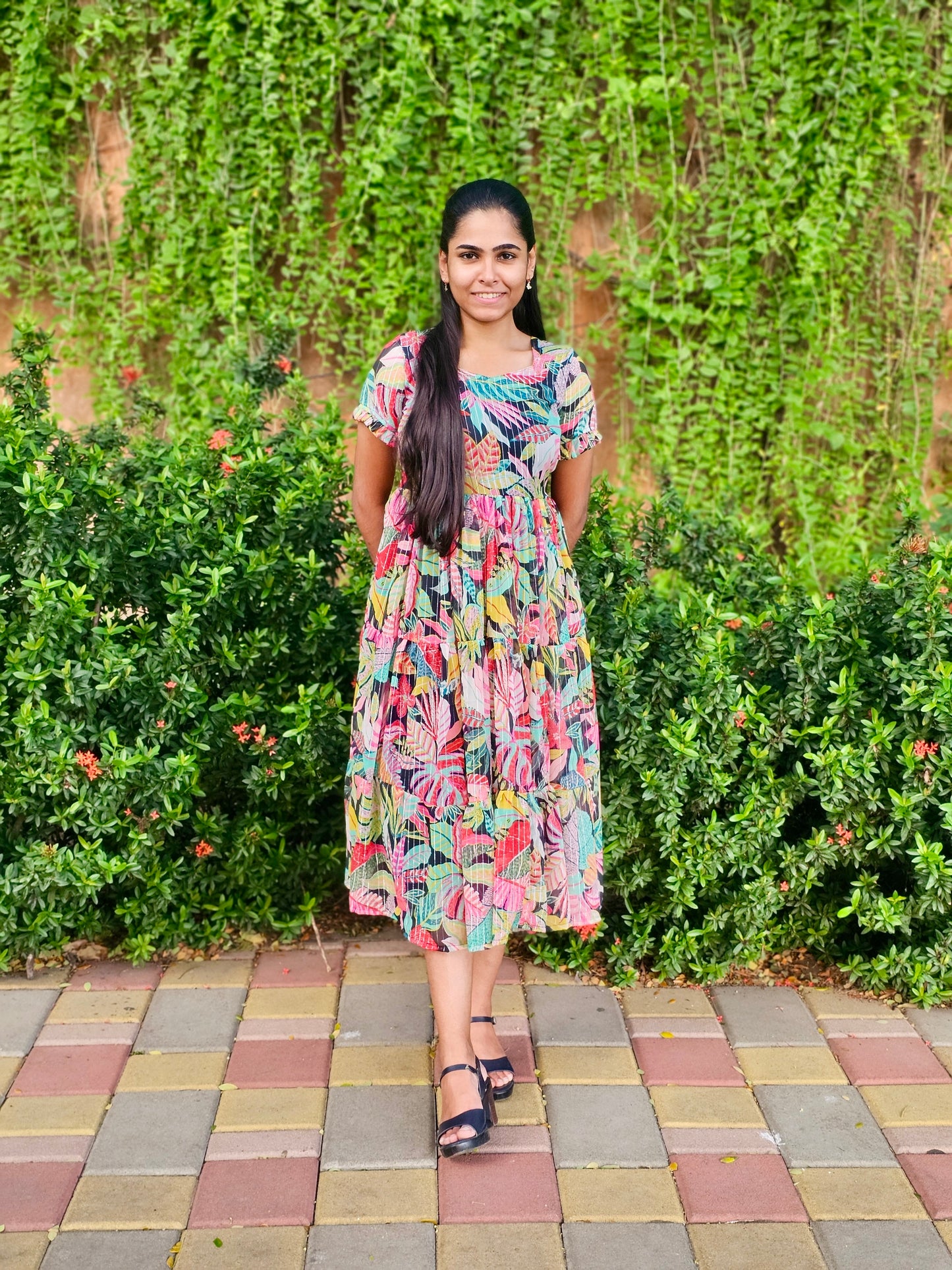 Black Forest themed chiffon dress
