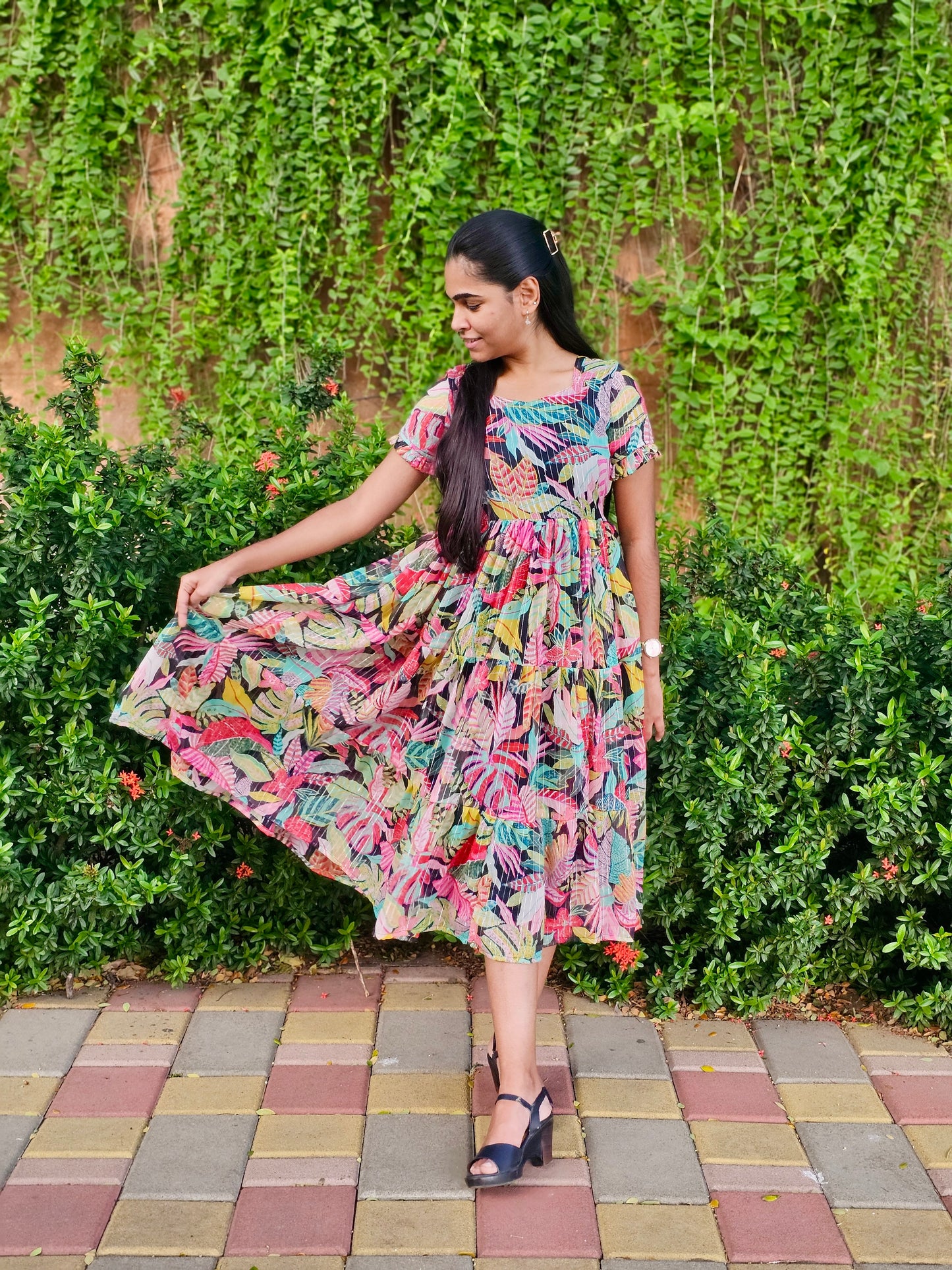 Black Forest themed chiffon dress