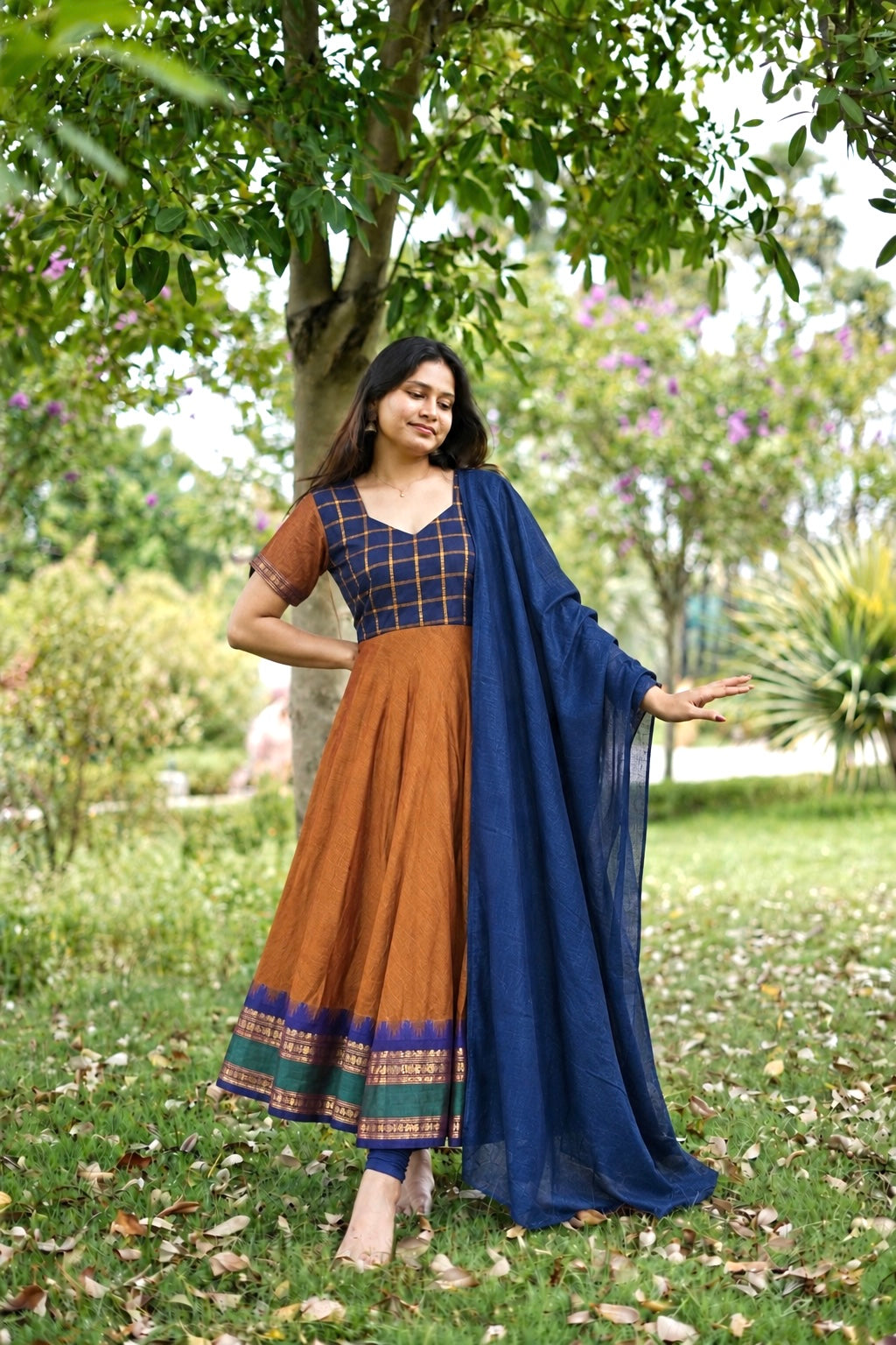 Brown and blue chettinad cotton anarakali