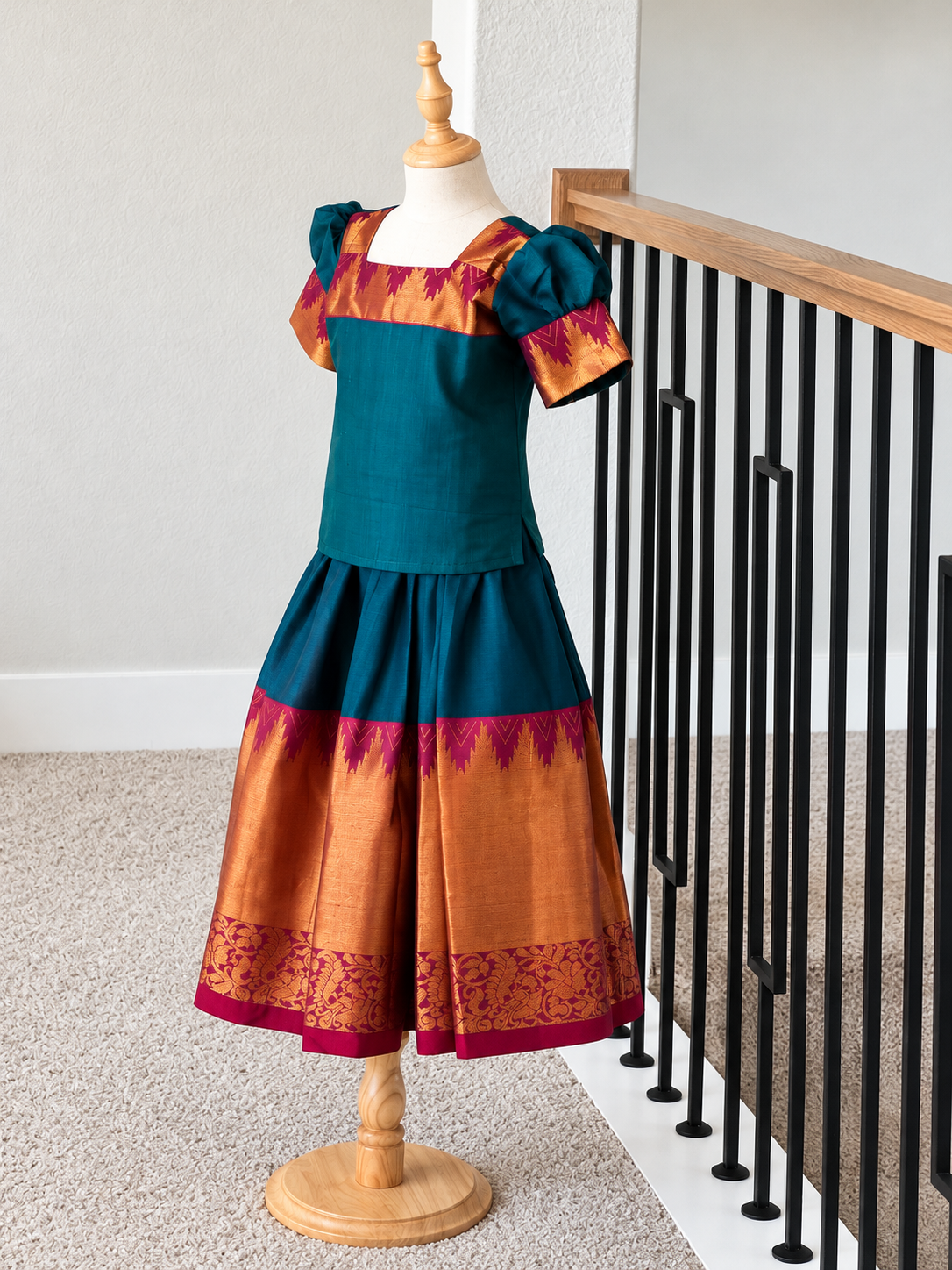 Peacock blue and maroon Narayanpet skirt and top