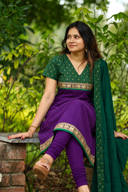 Purple and green Narayanpet salwar set