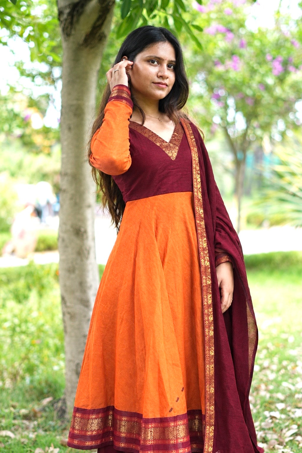 Orange and maroon chettinad cotton anarakali