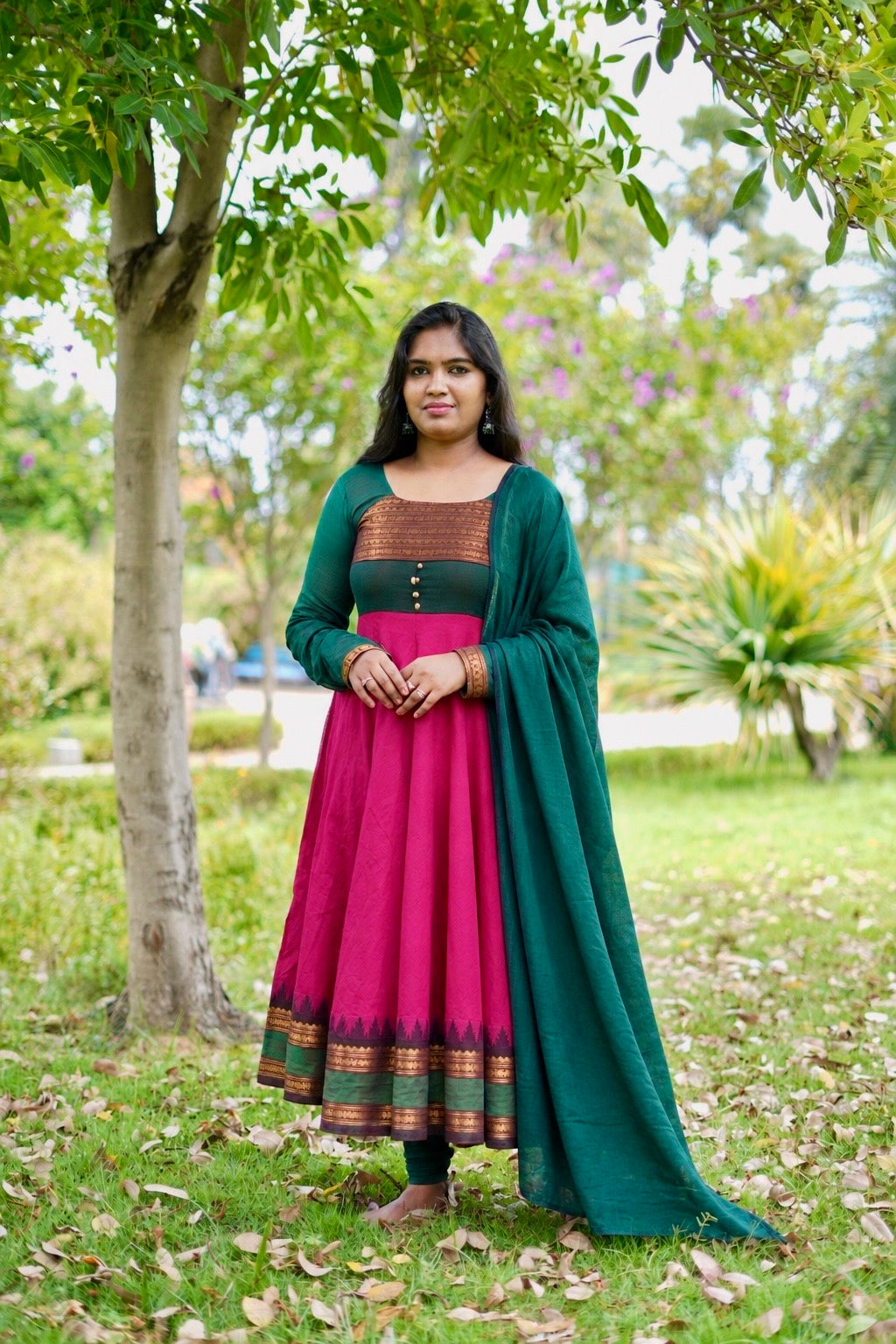 Pink and green kanchi cotton anarakali