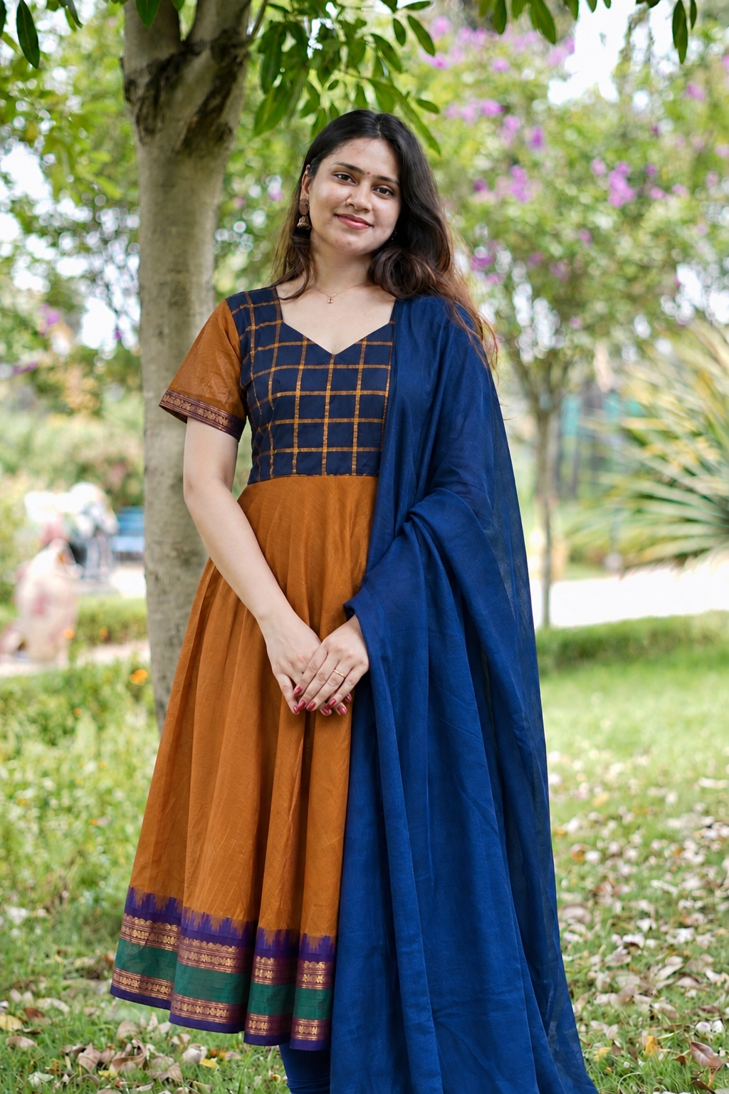 Brown and blue chettinad cotton anarakali