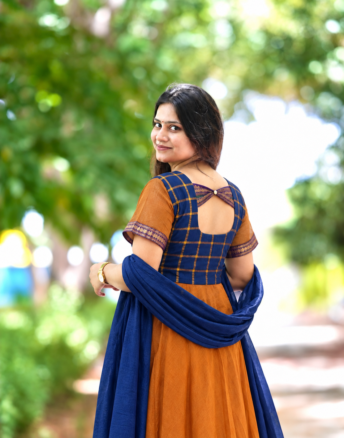 Brown and blue chettinad cotton anarakali