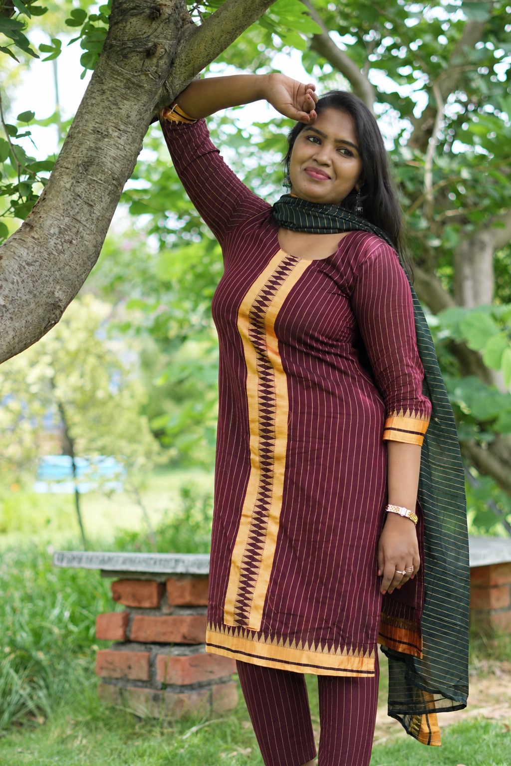 Brown and green Narayanpet salwar set