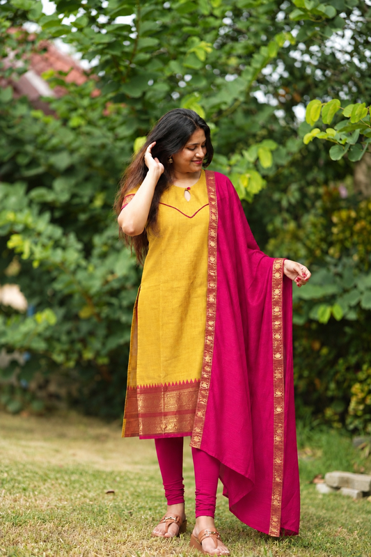 Yellow and pink kanchi cotton salwar set