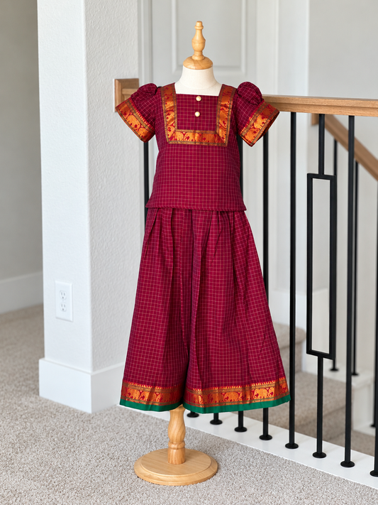 Pinkish Maroon small checks Narayanpet skirt and top