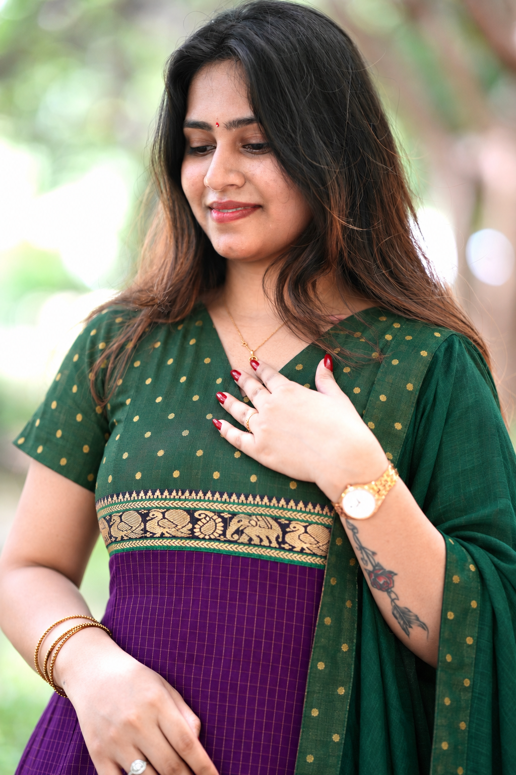 Purple and green Narayanpet salwar set
