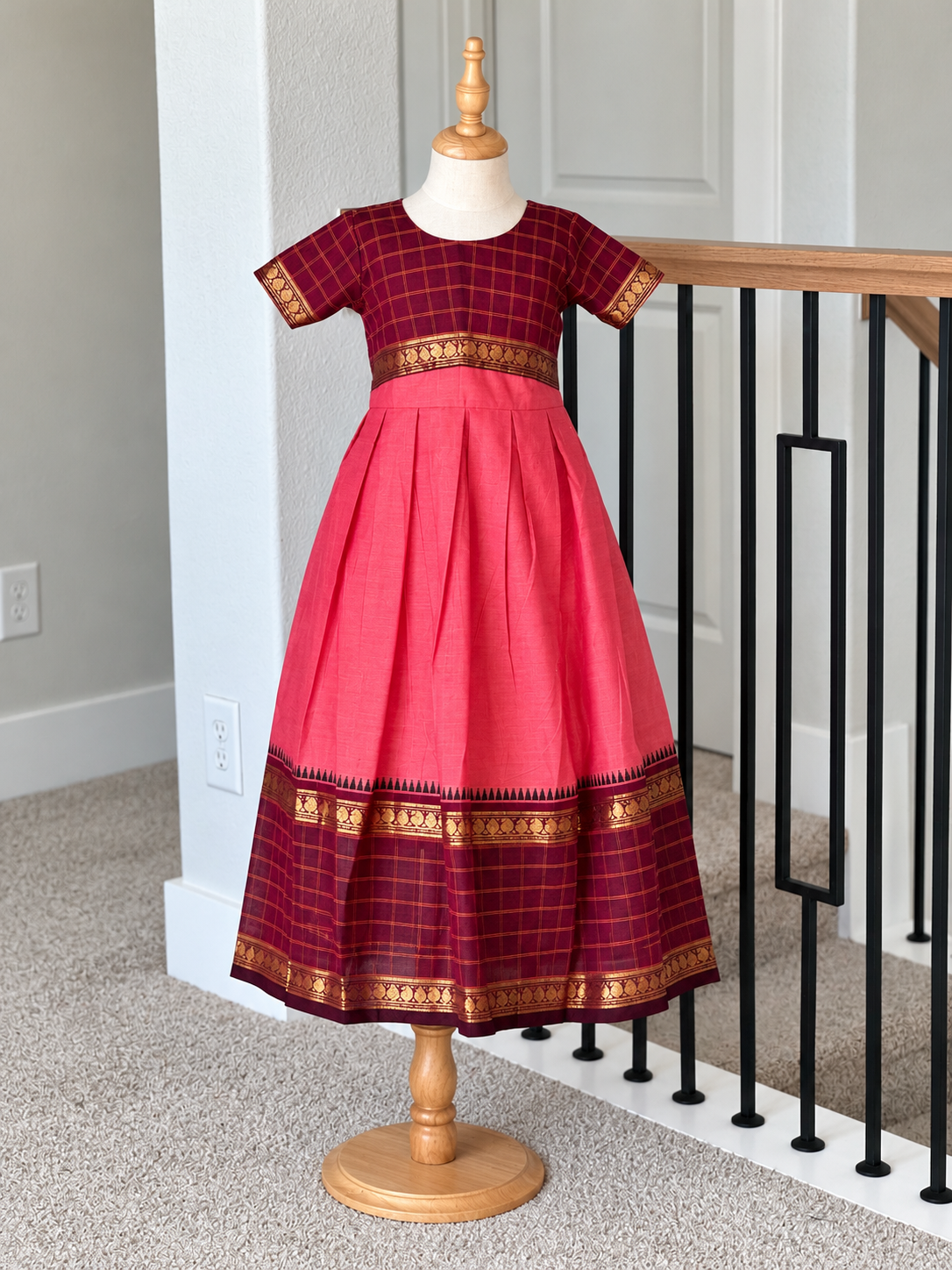 Peach and maroon Kanchi cotton frock