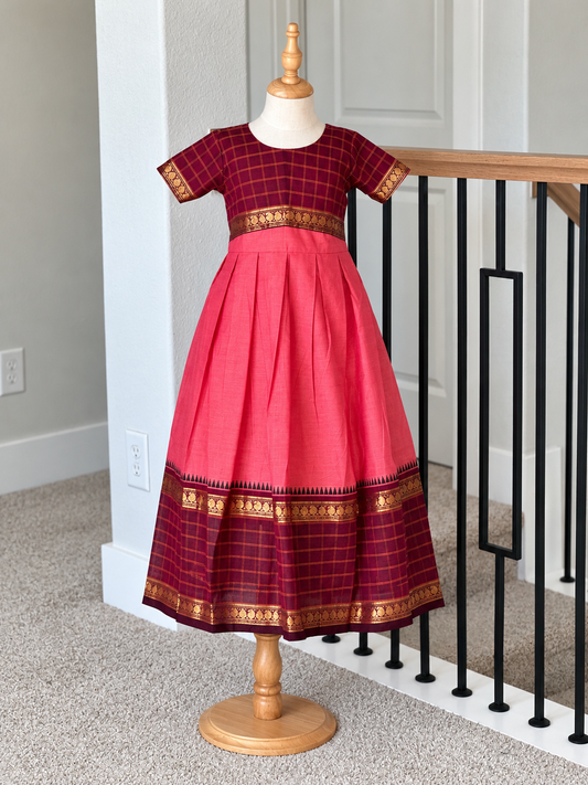 Peach and maroon Kanchi cotton frock