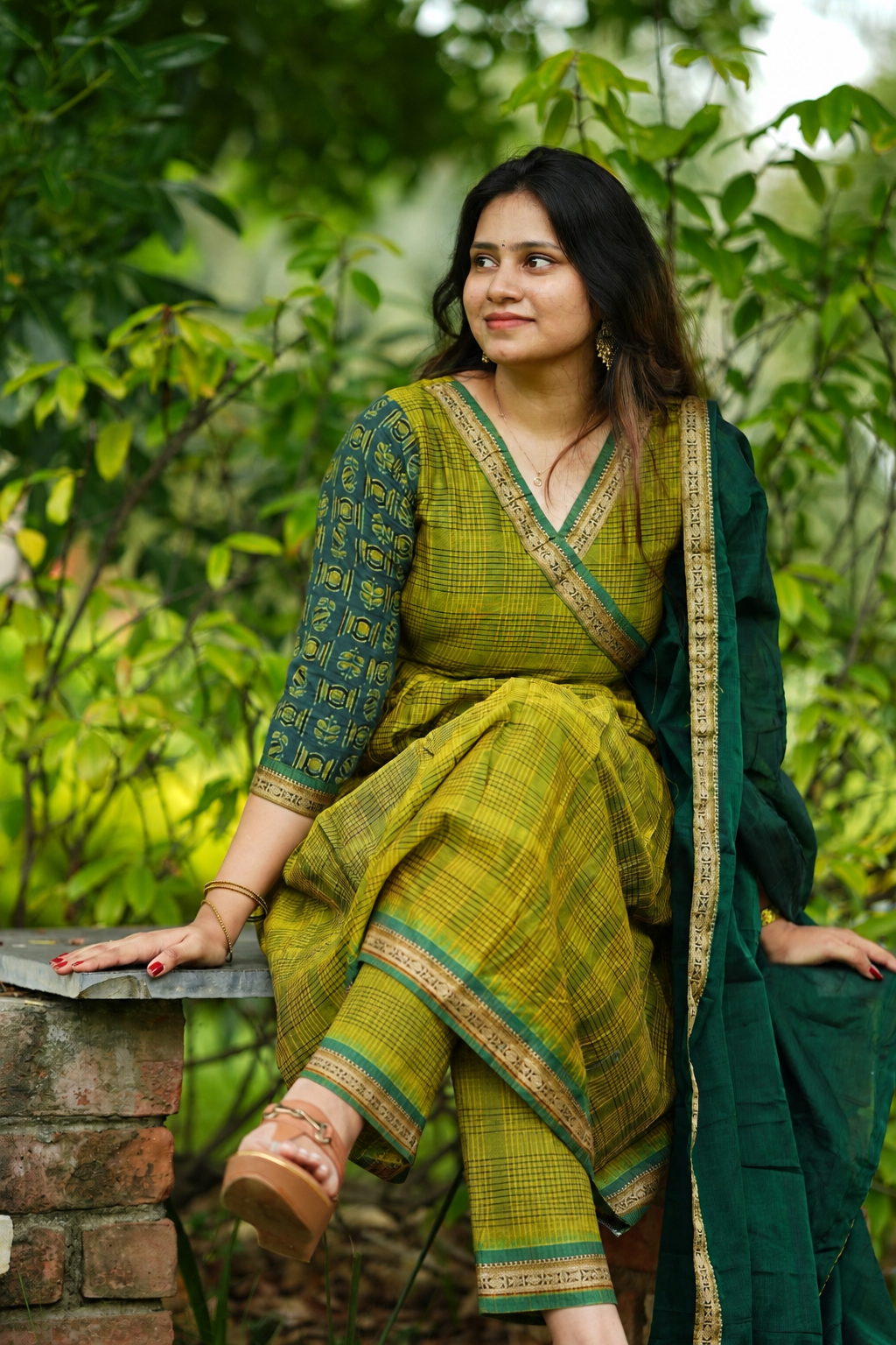 Green Narayanpet checks with ajrakh A-line set