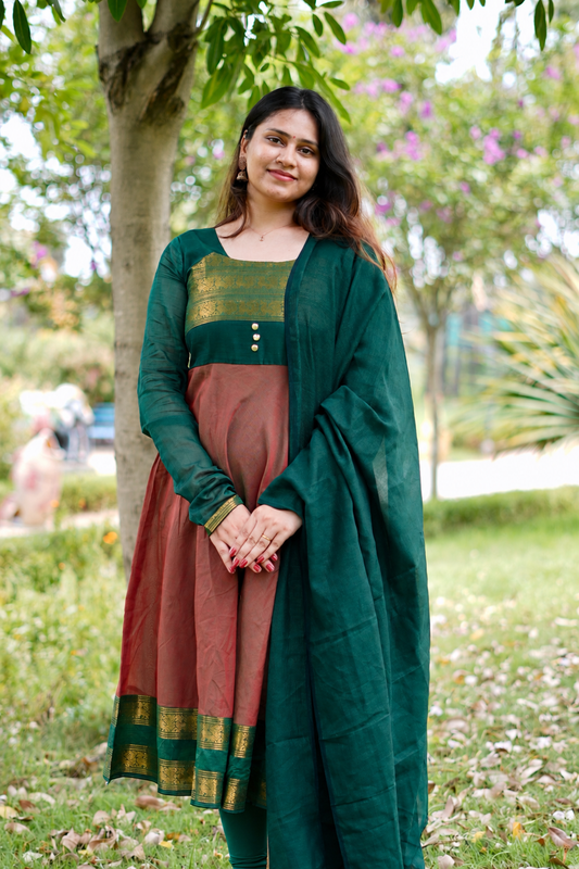 Dual tone brown and green kanchi cotton anarakali