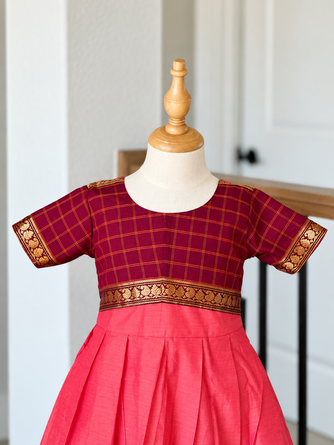 Peach and maroon Kanchi cotton frock