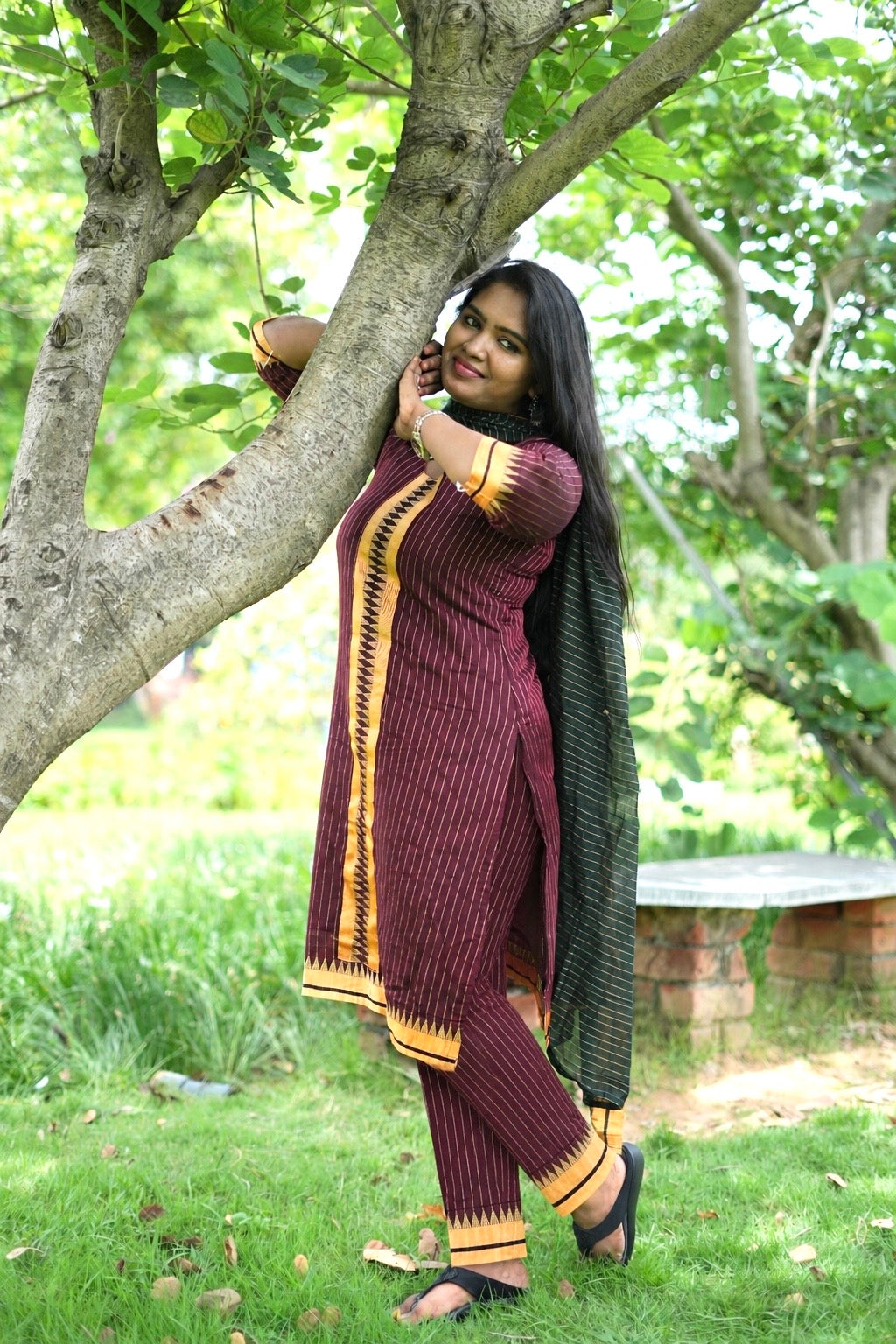 Brown and green Narayanpet salwar set