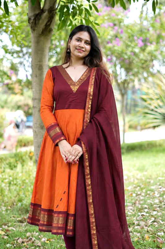 Orange and maroon chettinad cotton anarakali