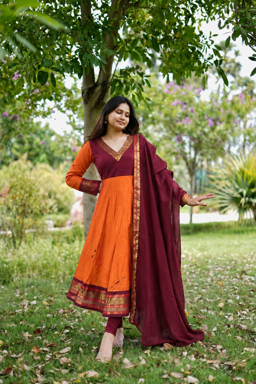 Orange and maroon chettinad cotton anarakali