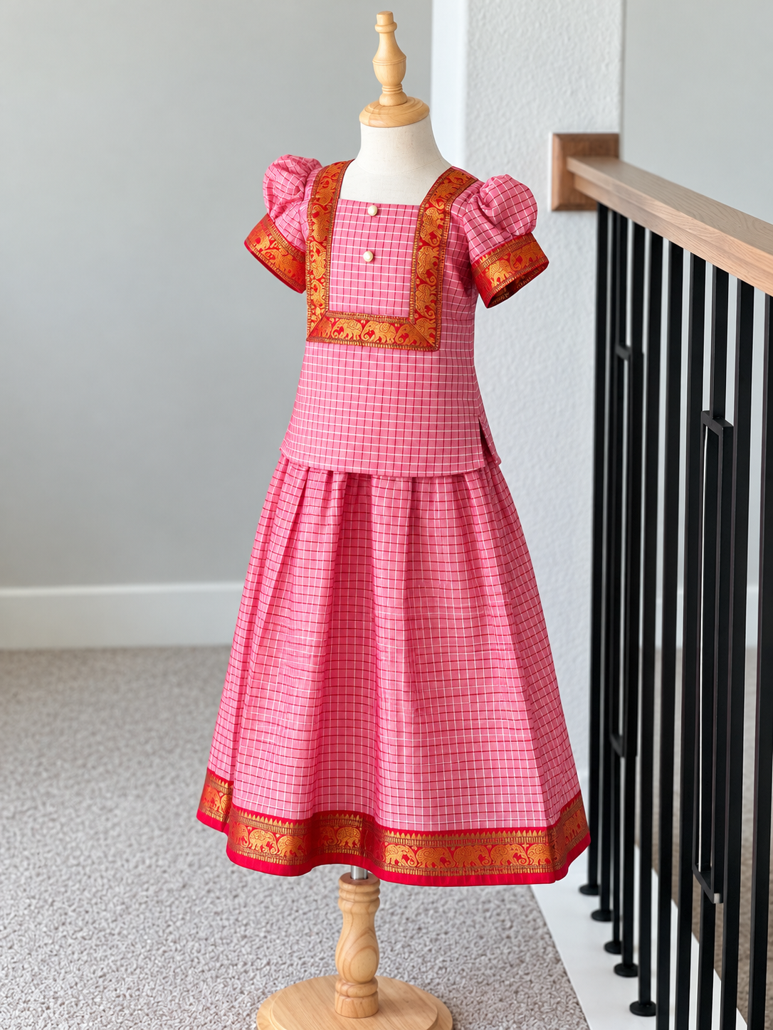 Pink small checks Narayanpet skirt and top