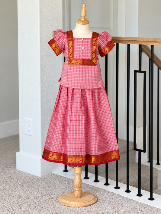 Pink small checks Narayanpet skirt and top