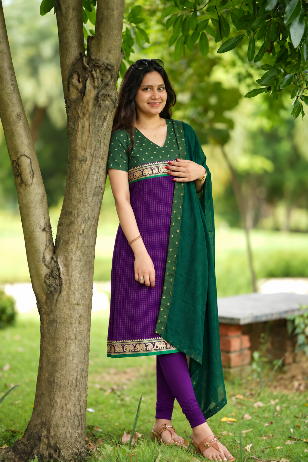 Purple and green Narayanpet salwar set