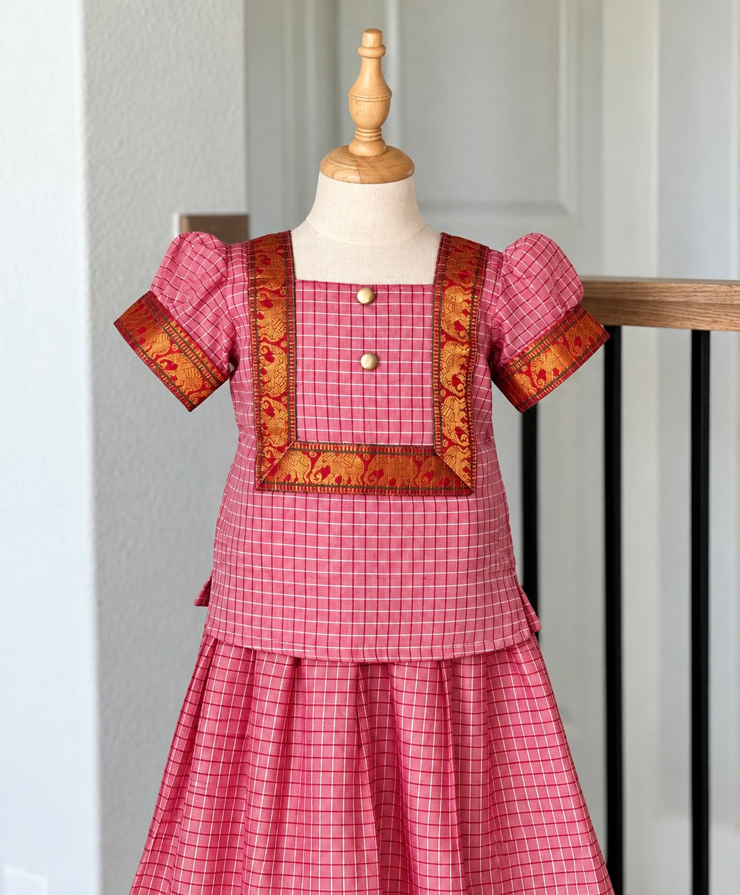 Pink small checks Narayanpet skirt and top