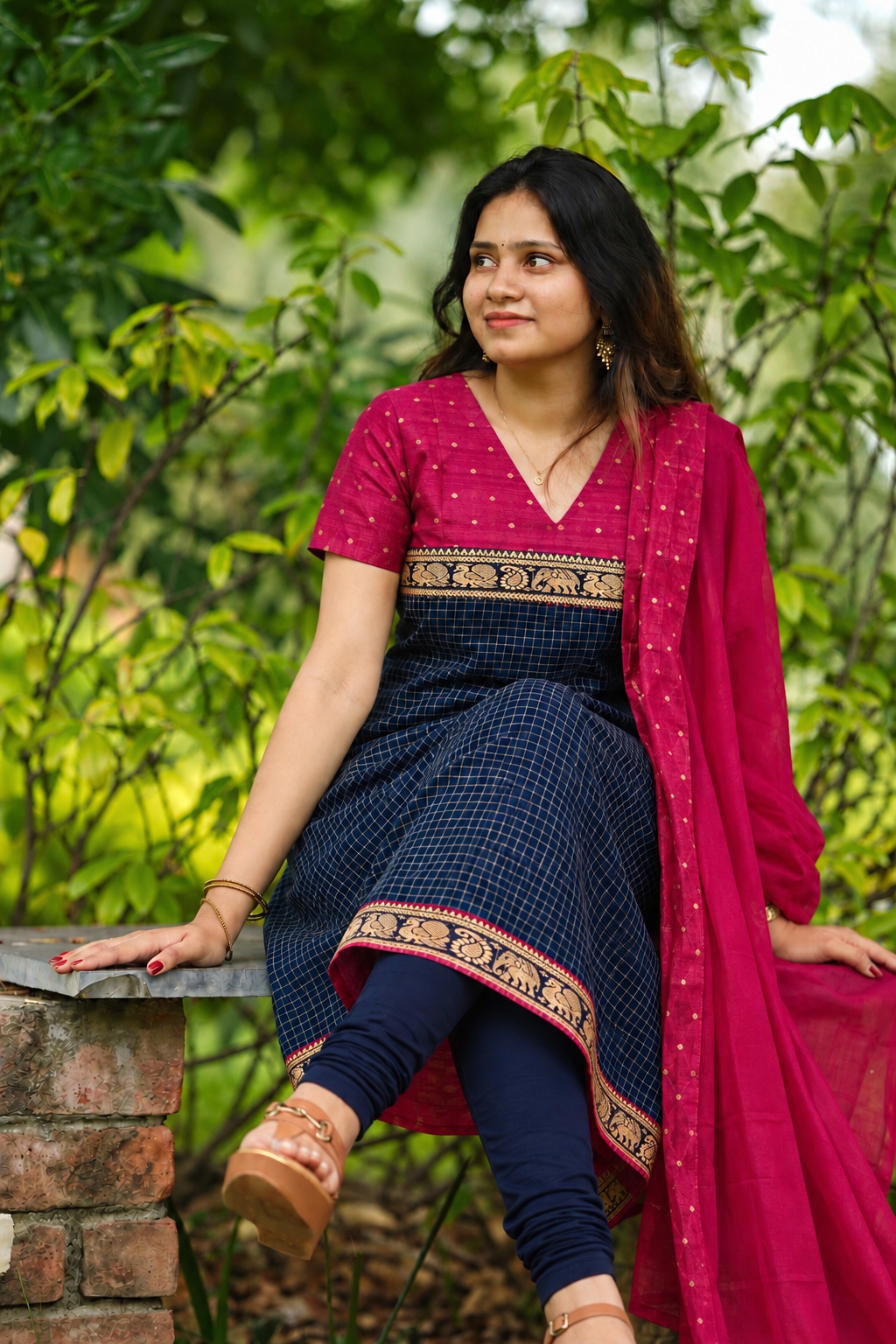 Navy blue and pink Narayanpet salwar set