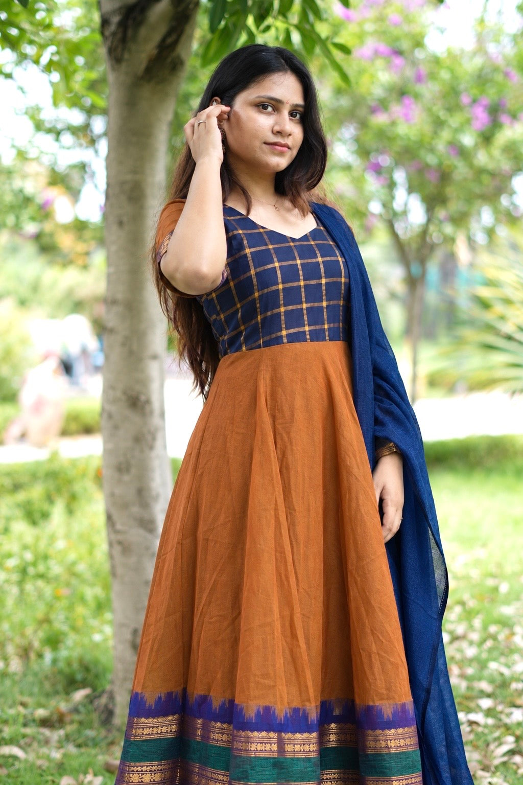 Brown and blue chettinad cotton anarakali