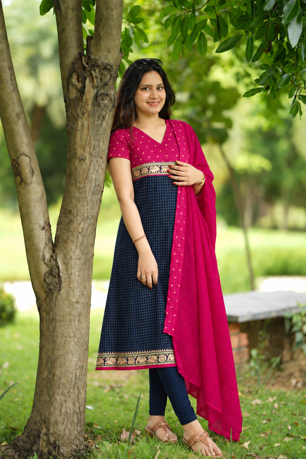 Navy blue and pink Narayanpet salwar set