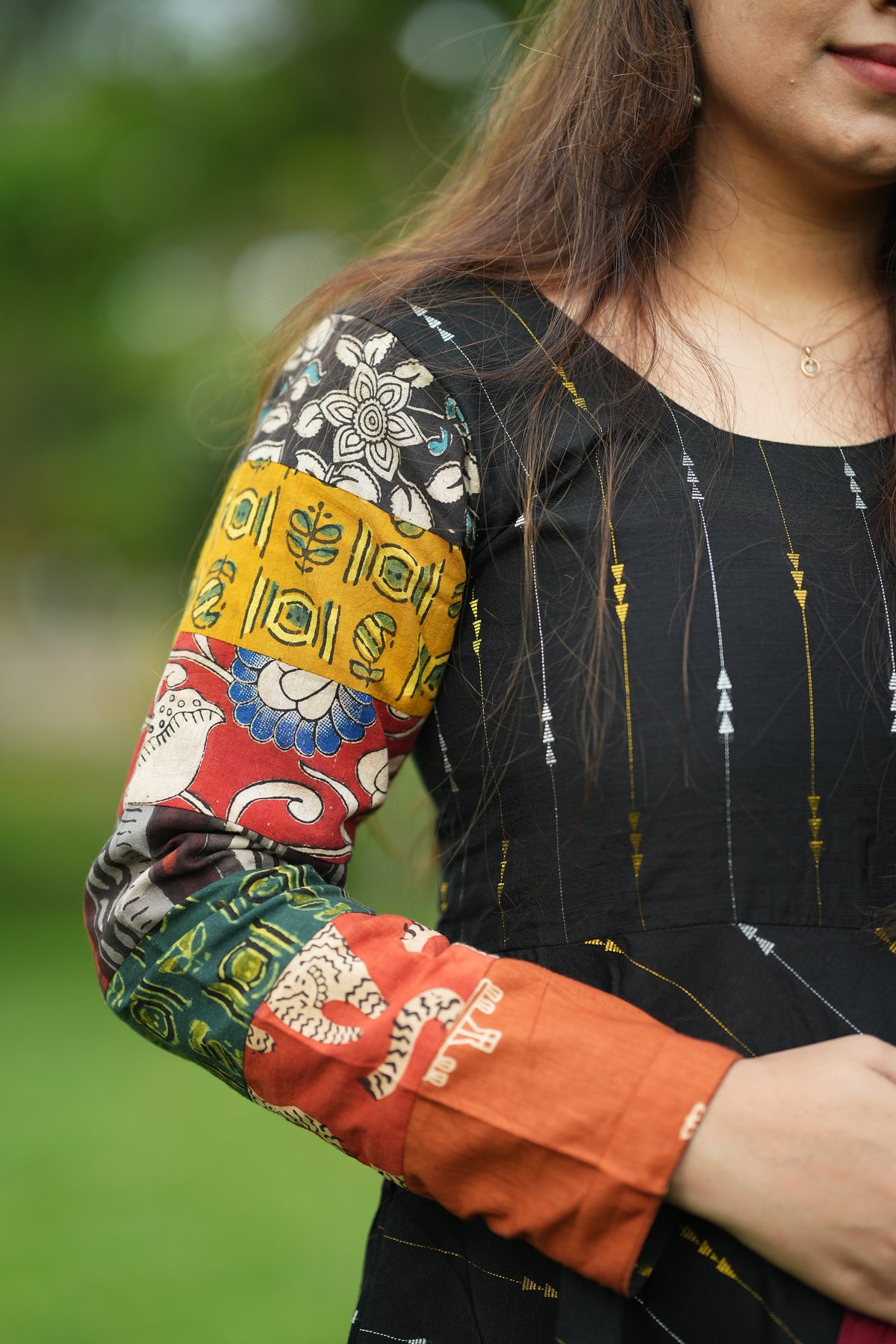 Black patchwork raw silk maxi