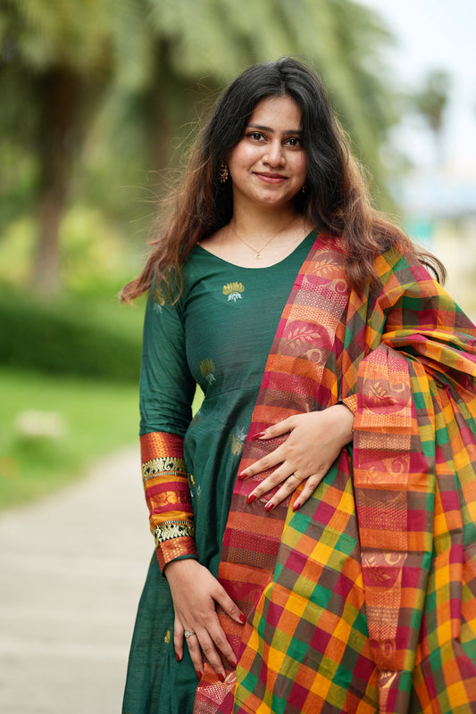 Green raw silk maxi with checks dupatta