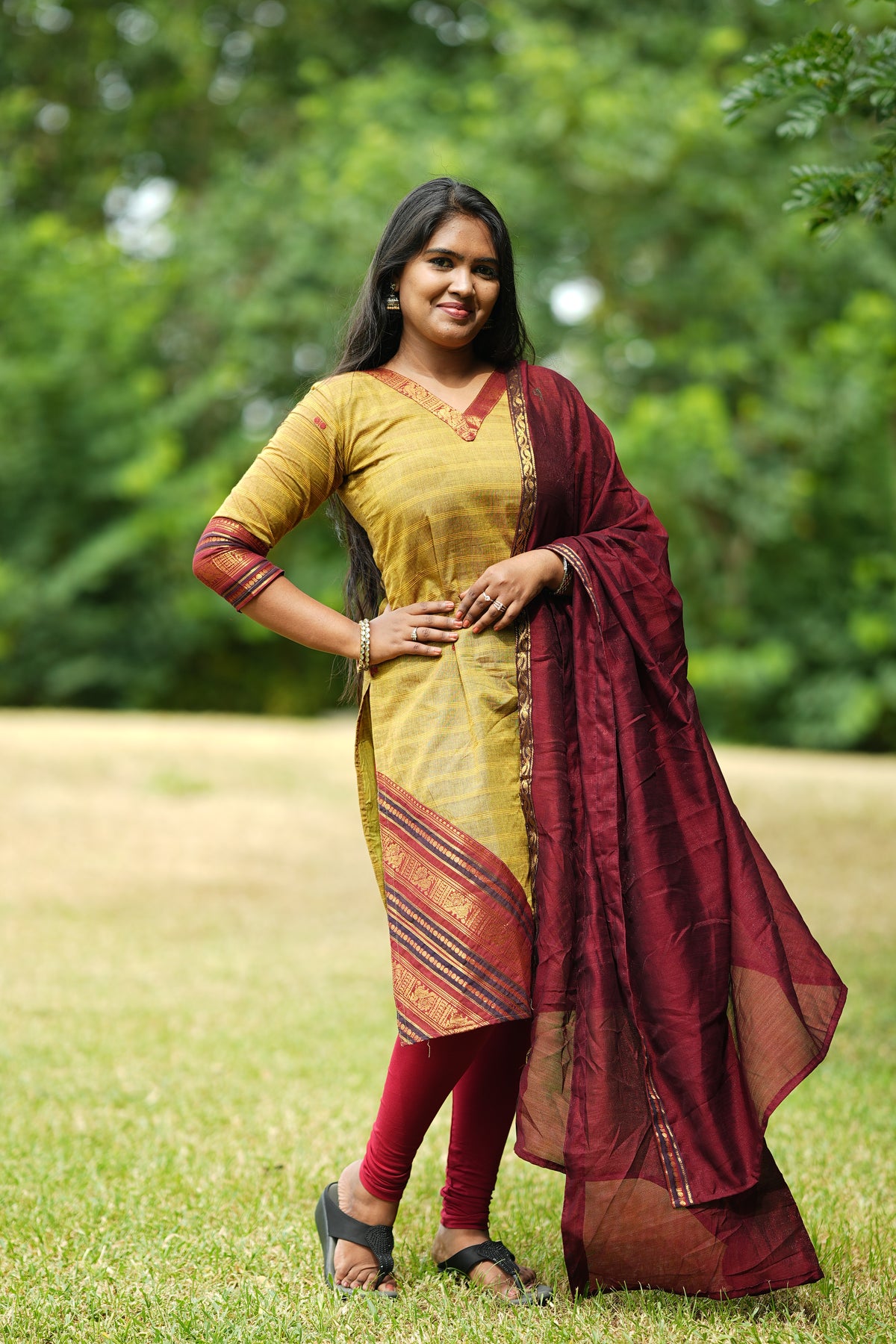 Green and maroon kanchi cotton salwar set