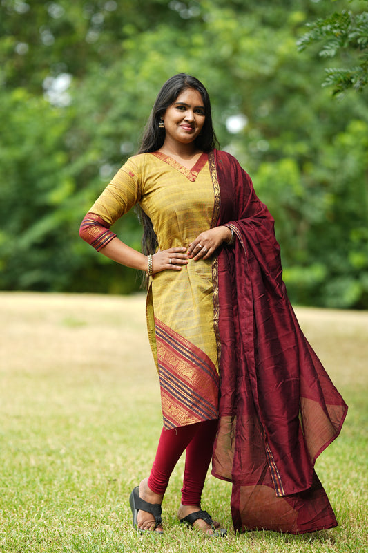 Green and maroon kanchi cotton salwar set