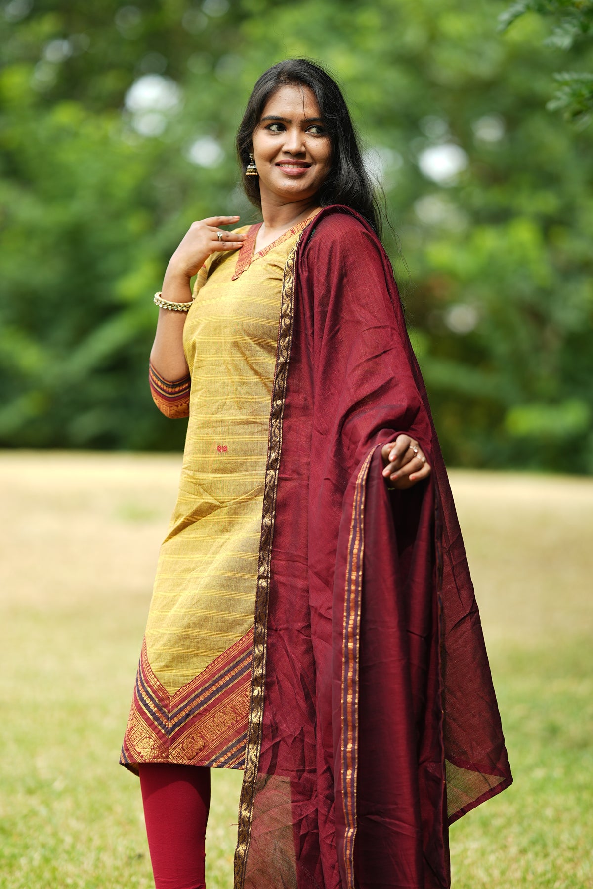 Green and maroon kanchi cotton salwar set
