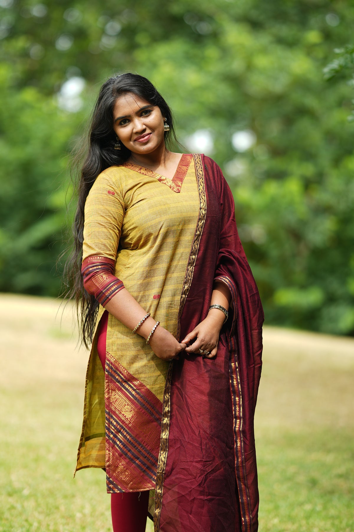 Green and maroon kanchi cotton salwar set