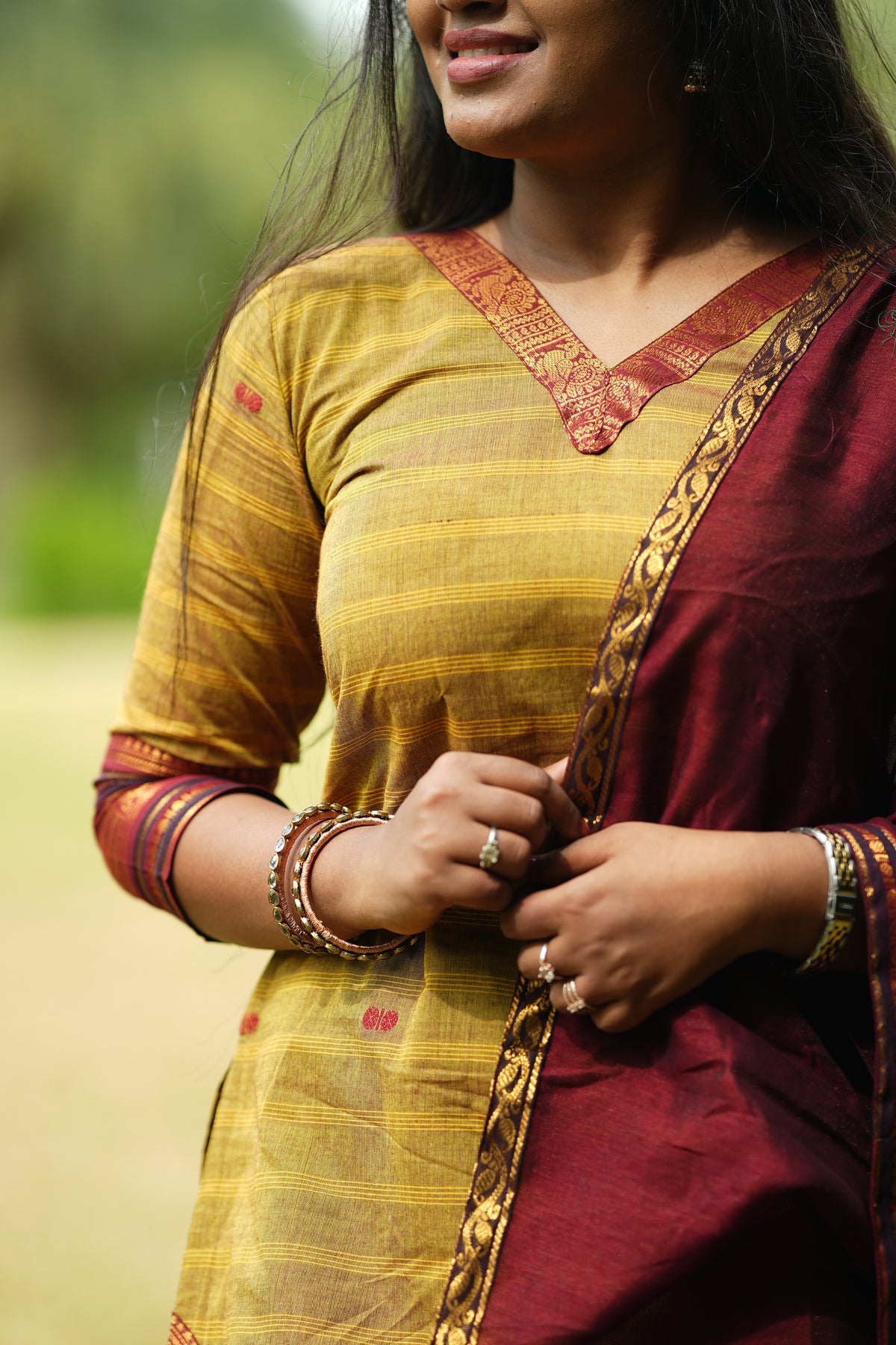 Green and maroon kanchi cotton salwar set