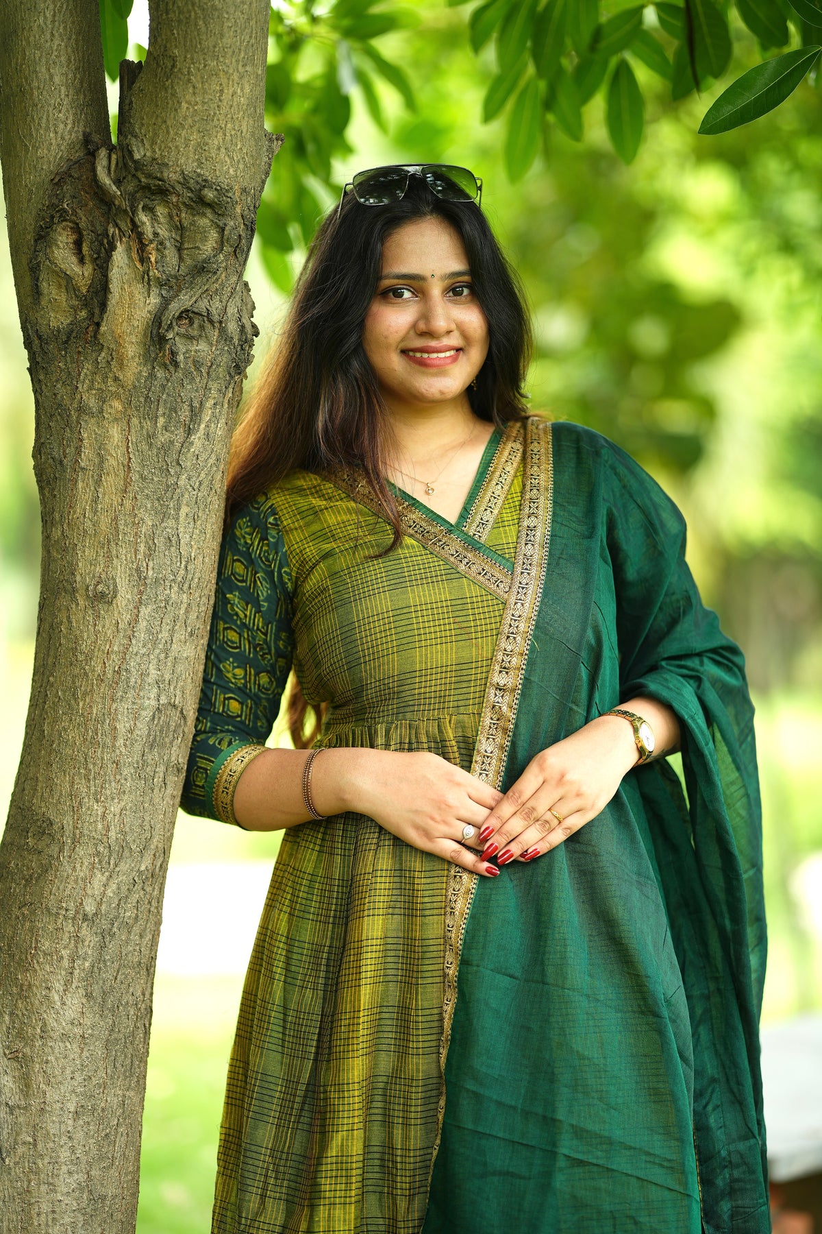 Green Narayanpet checks with ajrakh A-line set