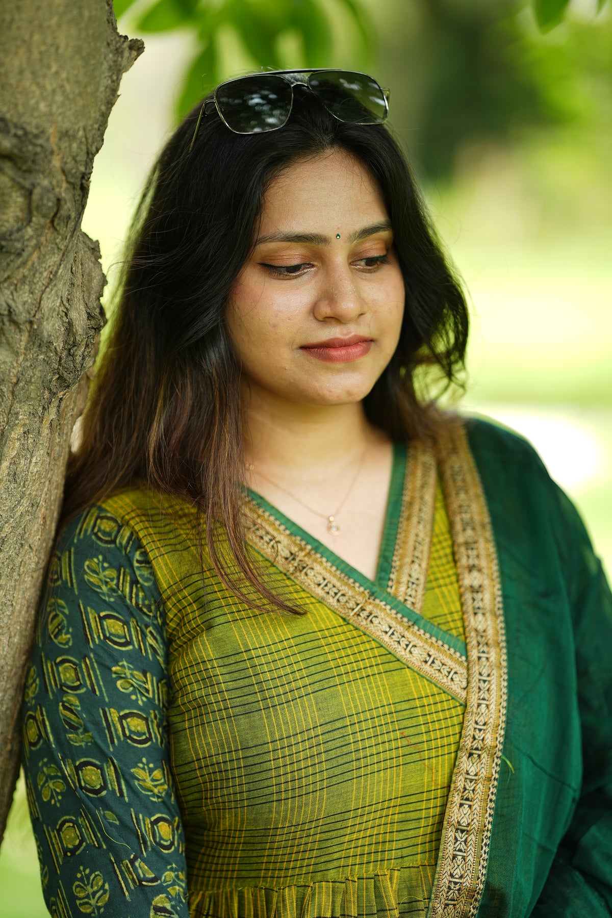 Green Narayanpet checks with ajrakh A-line set